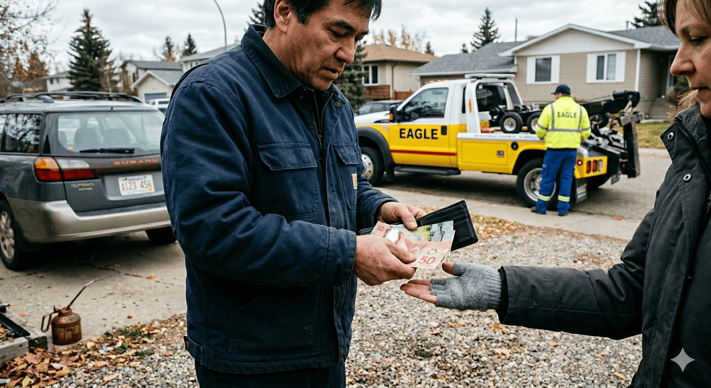 Cash payment at vehicle pickup with tow truck — Eagle Cash For Cars Calgary AB