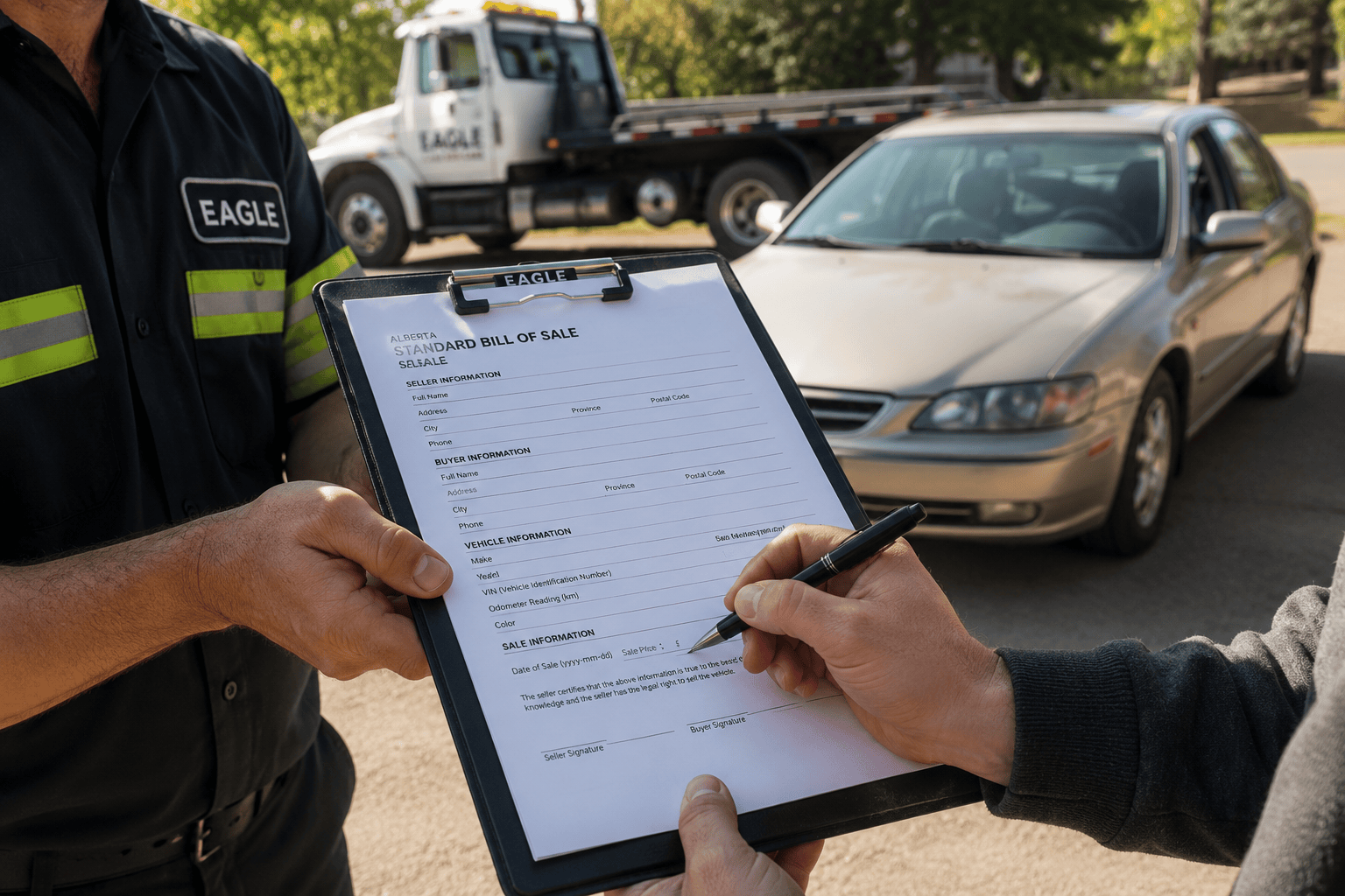 Driver completing Alberta Bill of Sale at vehicle pickup — Eagle Cash For Cars Calgary AB