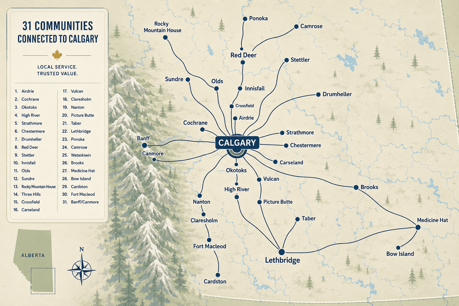 Map of Eagle Cash For Cars 32-community free towing service area across Alberta